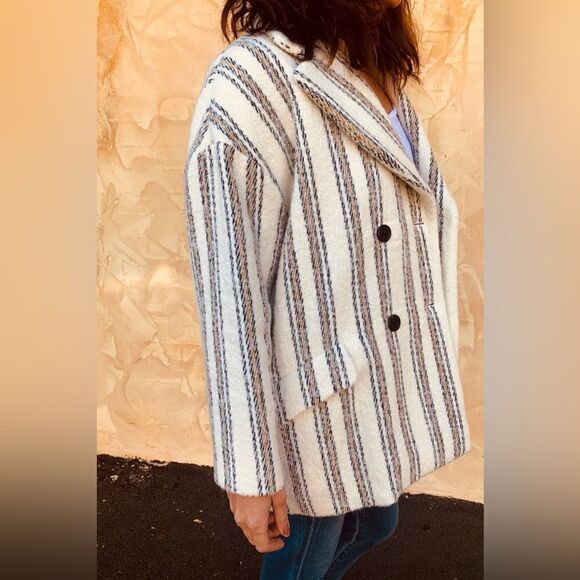 NWT Ba&Sh Fillie Alpaca Wool Grey White Pea Coat Blend Striped Size M - Picture 7 of 16